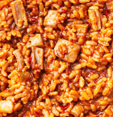  Lezzetli İspanyol kabuklu paella dokusu.