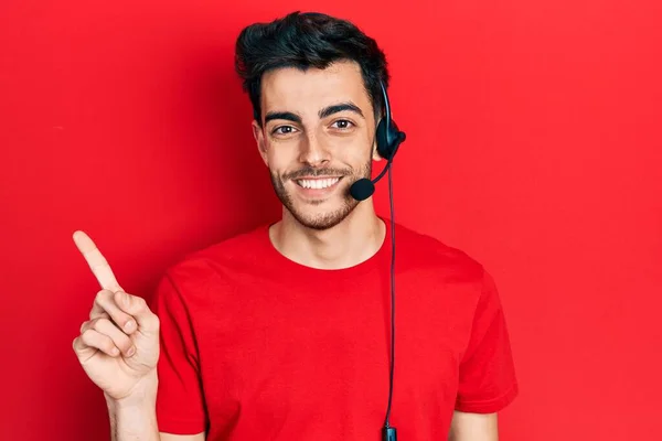 Young Hispanic Man Wearing Call Center Agent Headset Smiling Happy — Stock Photo, Image