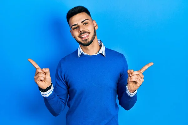 Young Hispanic Man Beard Wearing Casual Blue Sweater Smiling Confident — Photo