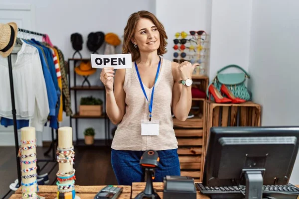 Middle Age Woman Holding Banner Open Text Retail Shop Pointing — Stok fotoğraf