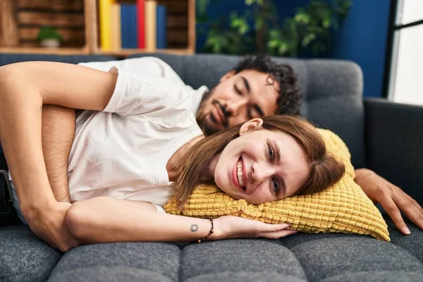 Man Woman Lying Sofa Sleeping Home — Stock Photo, Image