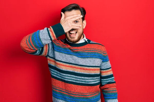 Handsome Caucasian Man Beard Wearing Elegant Wool Winter Sweater Peeking — Photo