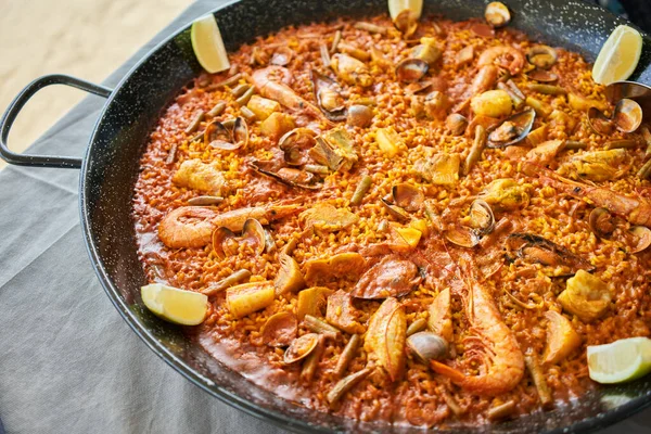 Delicioso Marisco Espanhol Paella Superfície Pano — Fotografia de Stock