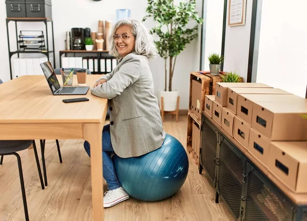 Middle Age Grey Haired Businesswoman Sitting Fit Ball Working Office — Stock Photo, Image