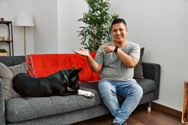 Young Latin Man Dog Sitting Sofa Home Amazed Smiling Camera — Fotografia de Stock