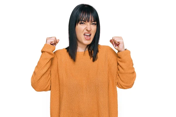 Young Hispanic Woman Wearing Casual Clothes Angry Mad Raising Fists — Stock Photo, Image