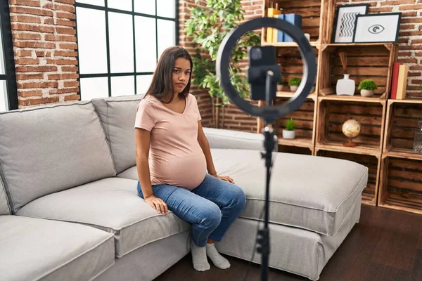 Young Pregnant Woman Recording Vlog Tutorial Smartphone Home Serious Expression — 스톡 사진
