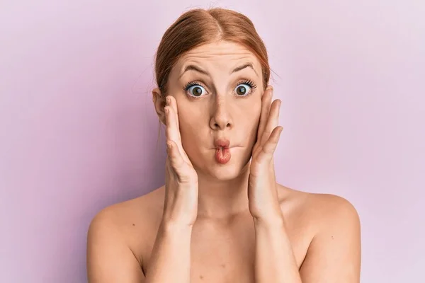 Young Irish Woman Standing Topless Stretching Skin Face Hands Making — ストック写真