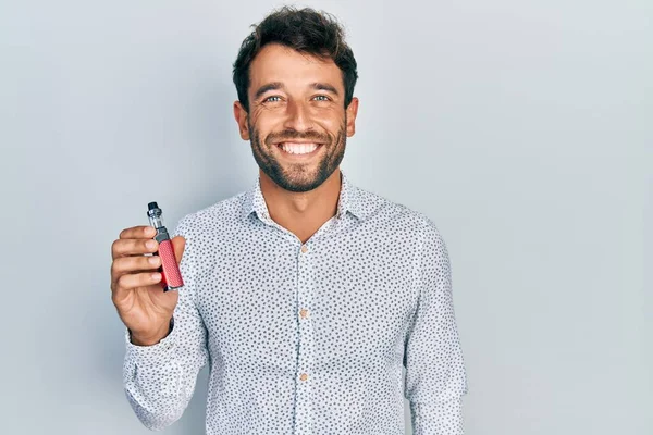 Handsome Man Beard Football Reporter Holding Electronic Cigarette Looking Positive — Stock Photo, Image