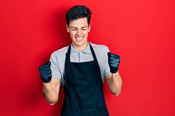 Young Hispanic Man Wearing Apron Very Happy Excited Doing Winner — Stock Photo, Image