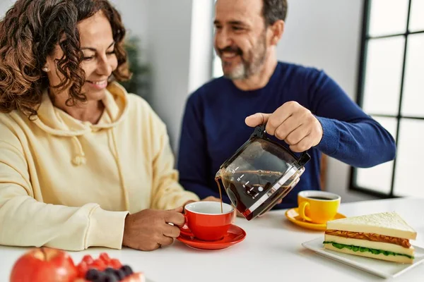 Middle Age Hispanic Couple Smiling Happy Sitting Table Having Breakfast — Stock Photo, Image