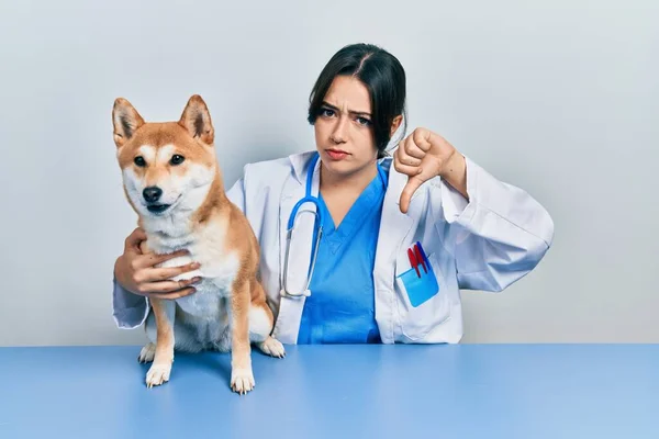 Hermosa Mujer Veterinaria Hispana Comprobando Salud Del Perro Con Cara — Foto de Stock