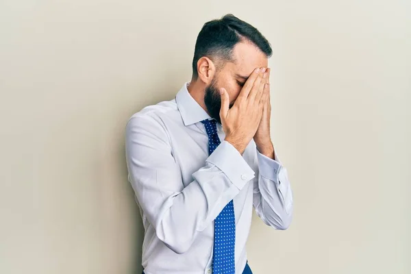 Young Man Beard Wearing Business Tie Sad Expression Covering Face —  Fotos de Stock