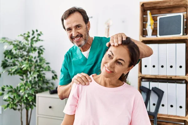 Middle Age Man Woman Smiling Confident Stretching Neck Having Rehab — Stock Photo, Image