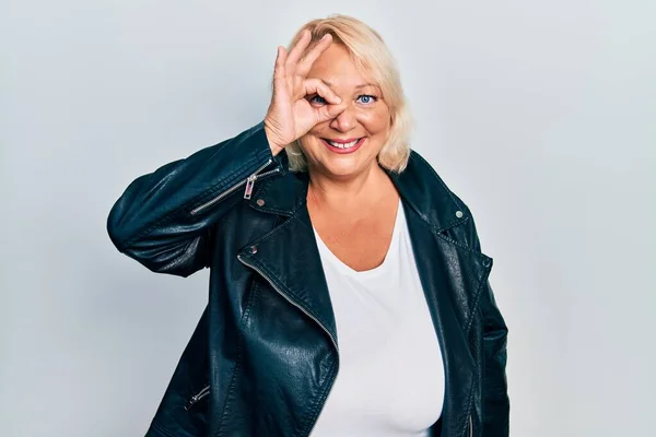 Middle Age Blonde Woman Wearing Leather Jacket Doing Gesture Hand — Stock Photo, Image