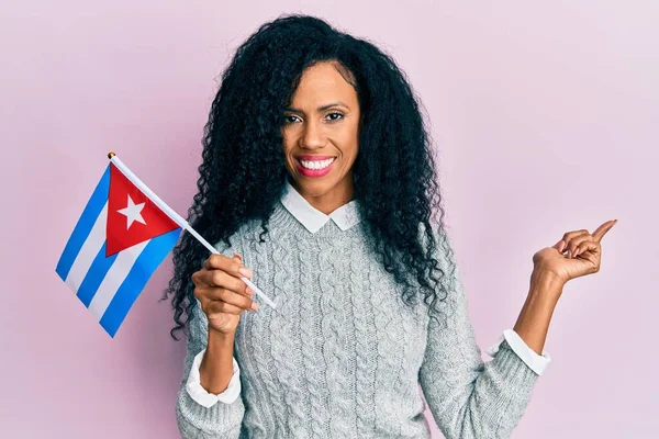 Middle Age African American Woman Holding Cuba Flag Smiling Happy — Stock Fotó