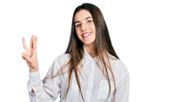 Joven Adolescente Morena Con Camisa Blanca Negocios Mostrando Apuntando Hacia — Foto de Stock