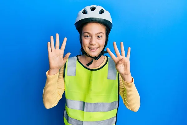 Beautiful Brunette Little Girl Wearing Bike Helmet Reflective Vest Showing — стоковое фото