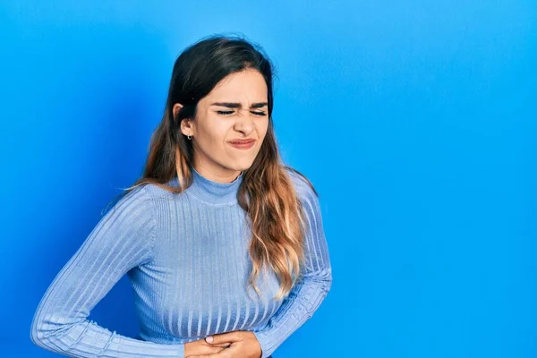 Young Hispanic Girl Wearing Casual Clothes Hand Stomach Because Nausea — Stock Photo, Image