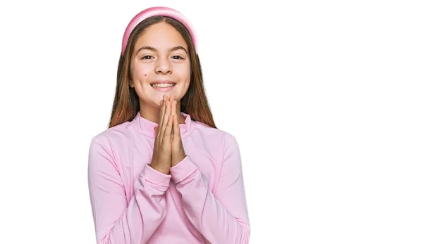 Beautiful Brunette Little Girl Wearing Casual Turtleneck Sweater Praying Hands — ストック写真