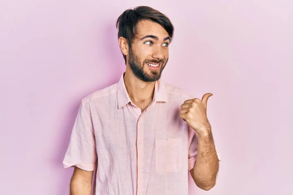 Young Hispanic Man Wearing Casual Clothes Smiling Happy Face Looking — Stock Photo, Image