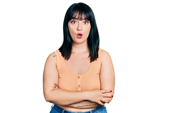 Young Hispanic Size Woman Arms Crossed Gesture Afraid Shocked Surprise — Stock Photo, Image