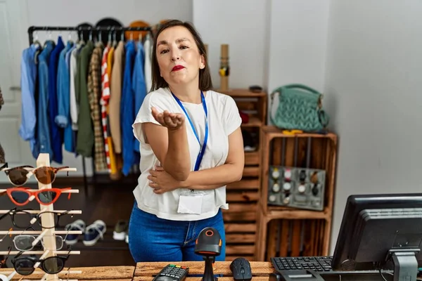 Beautiful Middle Age Hispanic Woman Working Manager Retail Boutique Looking — Stock Photo, Image