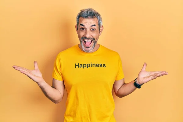 Handsome Middle Age Man Grey Hair Wearing Shirt Happiness Word — Foto de Stock