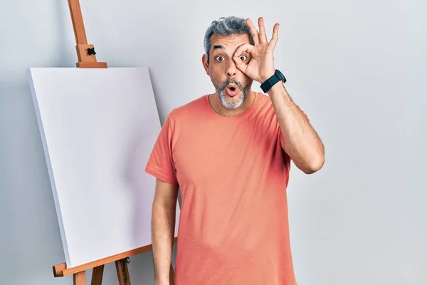 Handsome Middle Age Man Grey Hair Standing Painter Easel Stand — Stockfoto