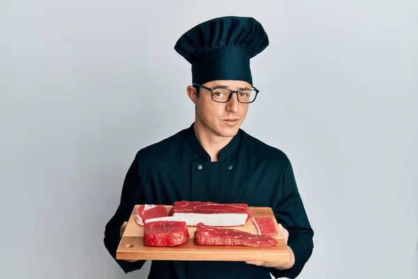 Handsome Young Man Wearing Chef Uniform Holding Board Raw Meat — Stock Photo, Image
