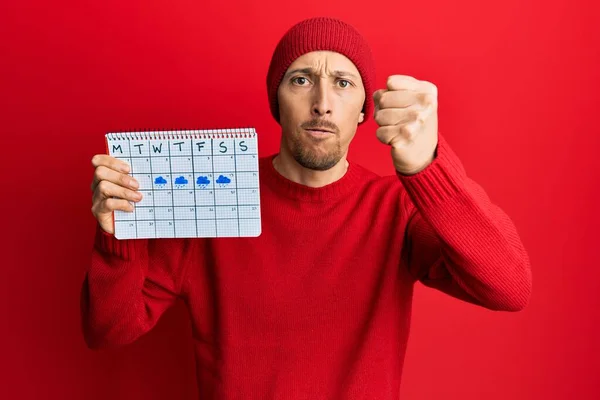 Bald Man Beard Holding Rainy Weather Calendar Annoyed Frustrated Shouting — 스톡 사진