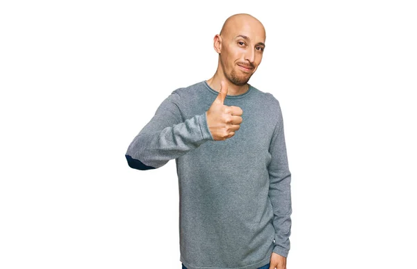 Bald Man Beard Wearing Casual Clothes Doing Happy Thumbs Gesture — Fotografia de Stock