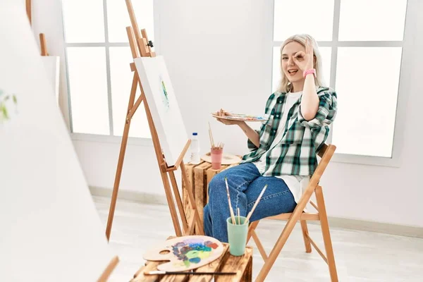 Young Artist Woman Painting Canvas Art Studio Doing Gesture Hand — Stock Photo, Image