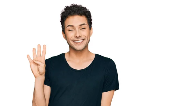 Young Handsome Man Wearing Casual Black Shirt Showing Pointing Fingers — Stock Photo, Image