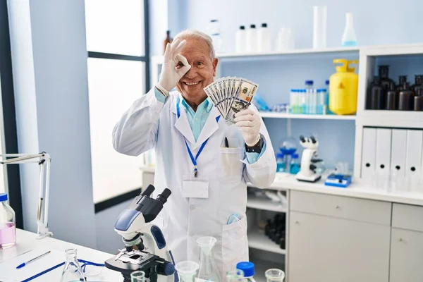 Senior Scientist Grey Hair Working Laboratory Holding Dollars Smiling Happy — Stock Photo, Image