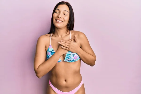 Young Latin Woman Wearing Bikini Smiling Hands Chest Closed Eyes — Photo