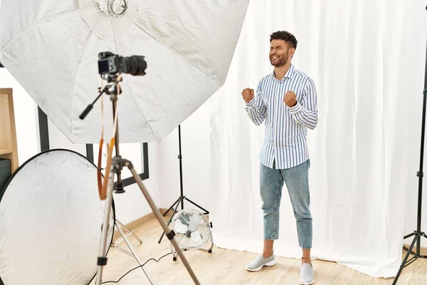 Arab Young Man Posing Model Photography Studio Excited Success Arms — Stockfoto