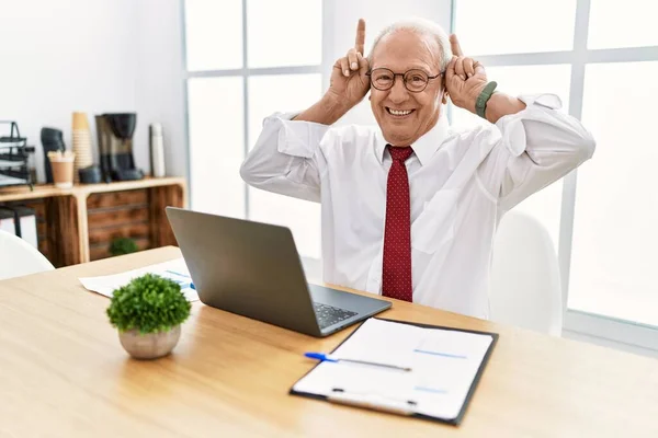 Senior Man Working Office Using Computer Laptop Posing Funny Crazy — ストック写真
