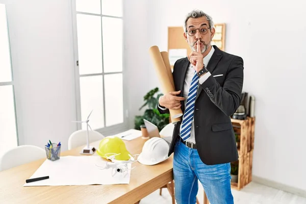 Middle Age Hispanic Business Man Holding Paper Blueprints Asking Quiet — Stok fotoğraf