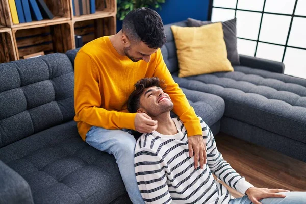 Two Man Couple Hugging Each Other Sitting Sofa Home — Foto de Stock