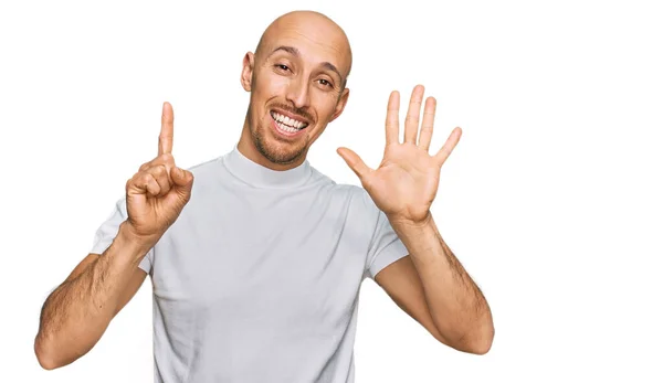 Bald Man Beard Wearing Casual White Shirt Showing Pointing Fingers — Fotografia de Stock