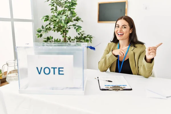 Young Brunette Woman Sitting Election Table Voting Ballot Smiling Looking — 스톡 사진