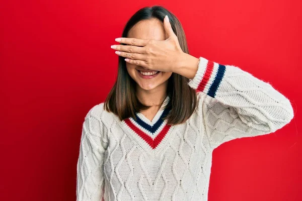 Young Brunette Girl Wearing Casual Student Sweater Smiling Laughing Hand — Stok fotoğraf