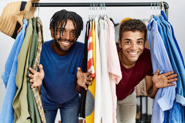 Two Men Friends Smiling Confident Appearing Rack Clothing Store —  Fotos de Stock