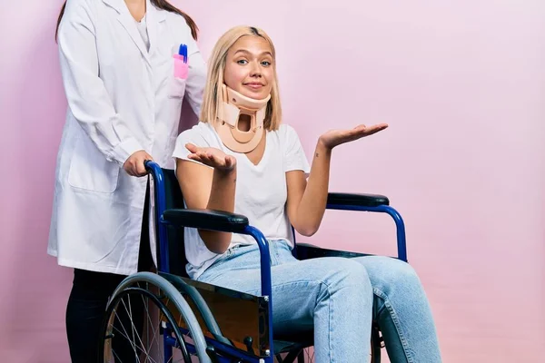 Beautiful Blonde Woman Sitting Wheelchair Collar Neck Clueless Confused Expression — Stock fotografie