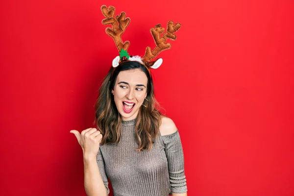Young Hispanic Girl Wearing Deer Christmas Hat Smiling Happy Face — Stock fotografie