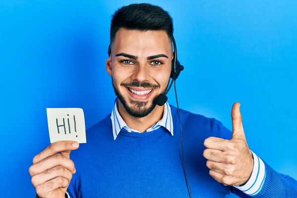 Young Hispanic Man Beard Wearing Operator Headset Showing Greeting Smiling — Stockfoto