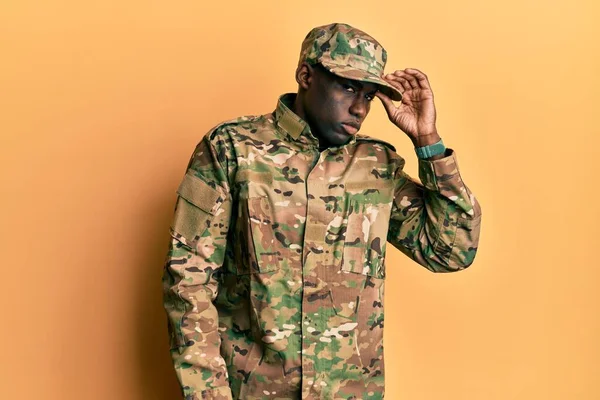 Young African American Man Wearing Army Uniform Worried Stressed Problem — Photo