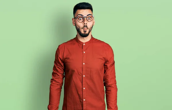 Young Hispanic Man Beard Wearing Business Shirt Glasses Making Fish — 스톡 사진