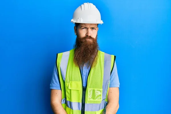Redhead Man Long Beard Wearing Safety Helmet Reflective Jacket Depressed — Zdjęcie stockowe